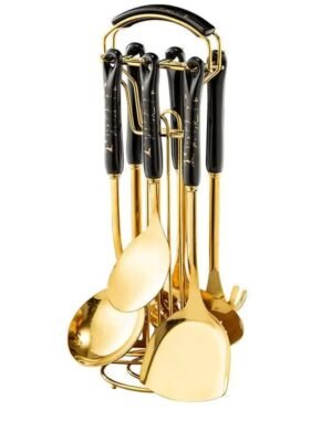 NNEDSZ Black Gold Stainless Steel Kitchen Utensil Set - 7-Piece Golden Cooking Tools with Stand