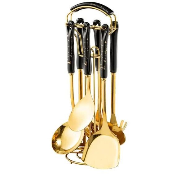 NNEDSZ Black Gold Stainless Steel Kitchen Utensil Set - 7-Piece Golden Cooking Tools with Stand