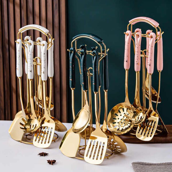 NNEDSZ Black Gold Stainless Steel Kitchen Utensil Set - 7-Piece Golden Cooking Tools with Stand