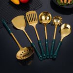 NNEDSZ Black Gold Stainless Steel Kitchen Utensil Set - 7-Piece Golden Cooking Tools with Stand