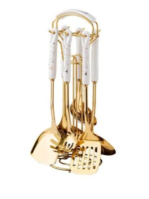 NNEDSZ White Gold Stainless Steel Kitchen Utensil Set - 7-Piece Golden Cooking Tools with Stand