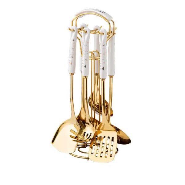 NNEDSZ White Gold Stainless Steel Kitchen Utensil Set - 7-Piece Golden Cooking Tools with Stand