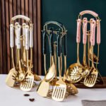 NNEDSZ White Gold Stainless Steel Kitchen Utensil Set - 7-Piece Golden Cooking Tools with Stand